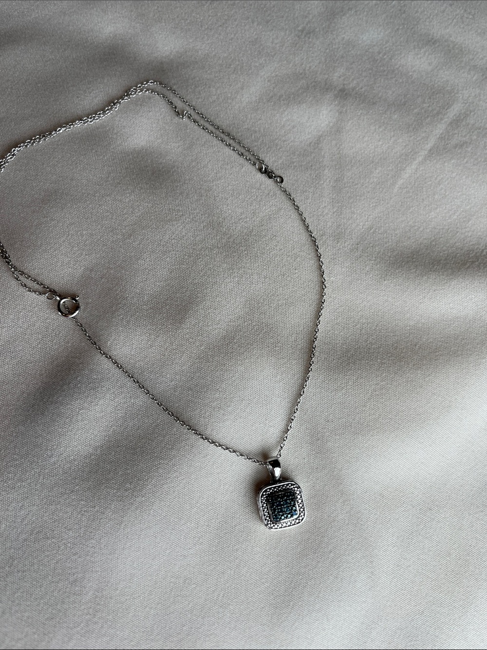 Sterling Silver Blue Square Pendant Necklace with Halo Accent